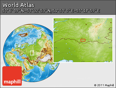 Physical Location Map of the Area around 51° 19' 36" N, 55° 19' 30" E