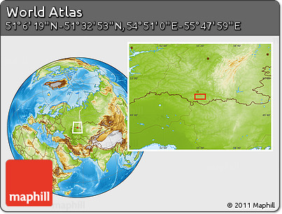 Physical Location Map of the Area around 51° 19' 36" N, 55° 19' 30" E