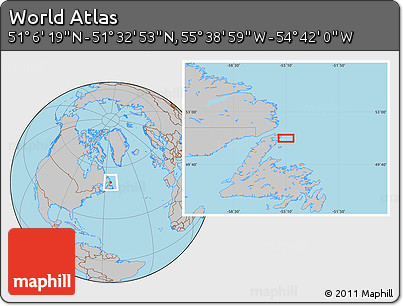 Gray Location Map of the Area around 51° 19' 36" N, 55° 10' 29" W