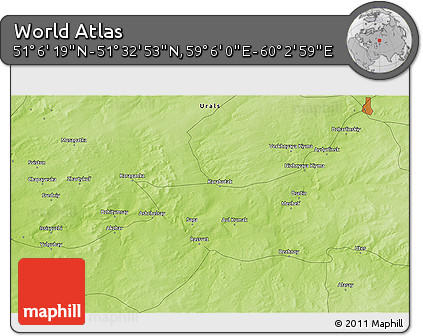 Physical 3D Map of the Area around 51° 19' 36" N, 59° 34' 30" E
