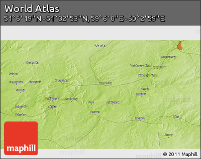 Physical 3D Map of the Area around 51° 19' 36" N, 59° 34' 30" E