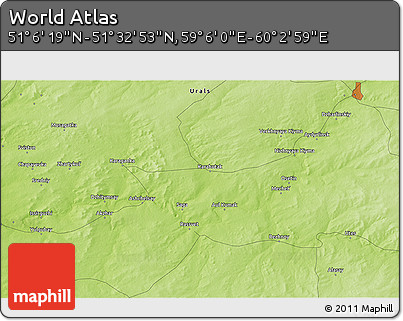 Physical 3D Map of the Area around 51° 19' 36" N, 59° 34' 30" E