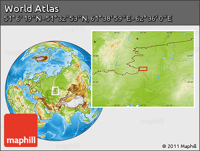 Physical Location Map of the Area around 51° 19' 36" N, 62° 7' 30" E