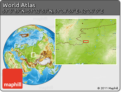 Physical Location Map of the Area around 51° 19' 36" N, 62° 7' 30" E