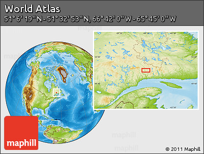 Physical Location Map of the Area around 51° 19' 36" N, 66° 13' 29" W