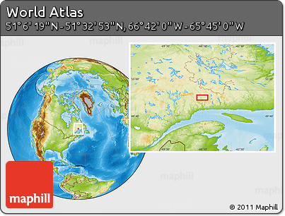 Physical Location Map of the Area around 51° 19' 36" N, 66° 13' 29" W