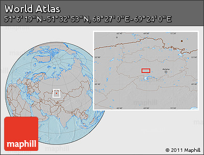 Gray Location Map of the Area around 51° 19' 36" N, 68° 55' 30" E, hill shading