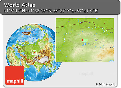 Physical Location Map of the Area around 51° 19' 36" N, 68° 55' 30" E