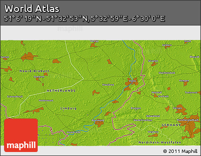 Physical 3D Map of the Area around 51° 19' 36" N, 6° 1' 30" E