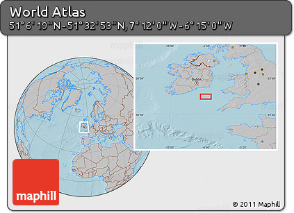 Gray Location Map of the Area around 51° 19' 36" N, 6° 43' 29" W, hill shading