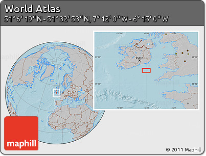 Gray Location Map of the Area around 51° 19' 36" N, 6° 43' 29" W, hill shading