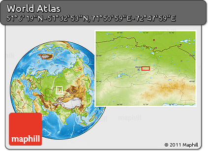 Physical Location Map of the Area around 51° 19' 36" N, 72° 19' 29" E