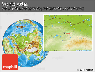 Physical Location Map of the Area around 51° 19' 36" N, 72° 19' 29" E