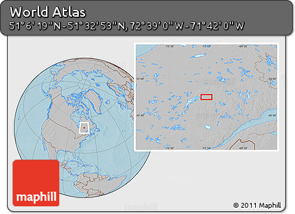 Gray Location Map of the Area around 51° 19' 36" N, 72° 10' 30" W, hill shading