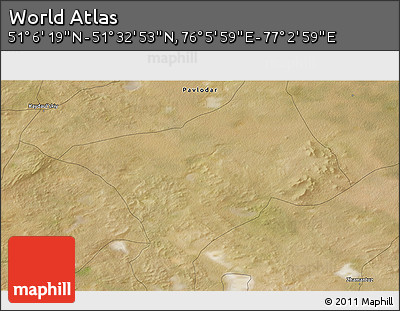 Satellite 3D Map of the Area around 51° 19' 36" N, 76° 34' 29" E