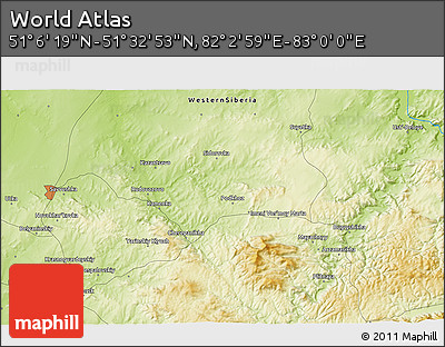 Physical 3D Map of the Area around 51° 19' 36" N, 82° 31' 30" E