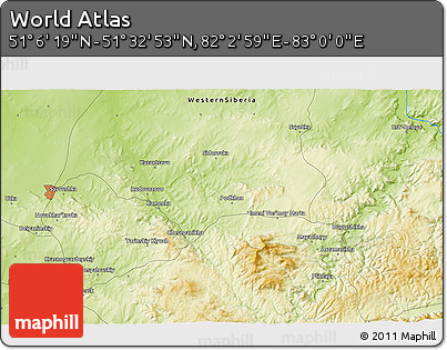 Physical 3D Map of the Area around 51° 19' 36" N, 82° 31' 30" E