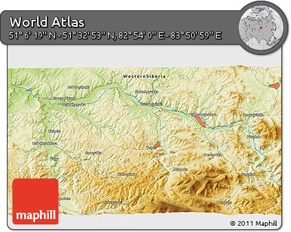 Physical 3D Map of the Area around 51° 19' 36" N, 83° 22' 30" E