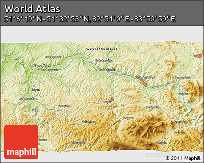 Physical 3D Map of the Area around 51° 19' 36" N, 83° 22' 30" E