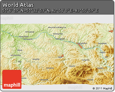 Physical 3D Map of the Area around 51° 19' 36" N, 83° 22' 30" E