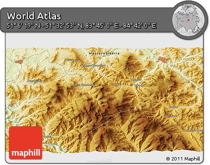 Physical 3D Map of the Area around 51° 19' 36" N, 84° 13' 29" E