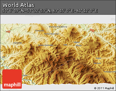 Physical 3D Map of the Area around 51° 19' 36" N, 84° 13' 29" E