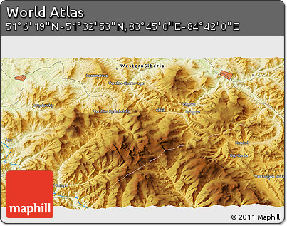 Physical 3D Map of the Area around 51° 19' 36" N, 84° 13' 29" E