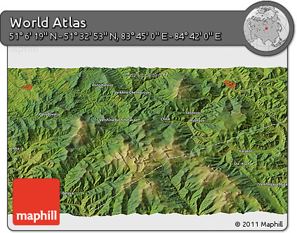 Satellite 3D Map of the Area around 51° 19' 36" N, 84° 13' 29" E
