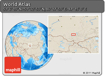 Shaded Relief Location Map of the Area around 51° 19' 36" N, 86° 46' 30" E