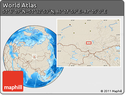 Shaded Relief Location Map of the Area around 51° 19' 36" N, 86° 46' 30" E