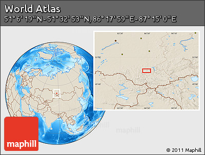 Shaded Relief Location Map of the Area around 51° 19' 36" N, 86° 46' 30" E