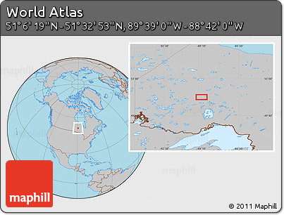 Gray Location Map of the Area around 51° 19' 36" N, 89° 10' 30" W