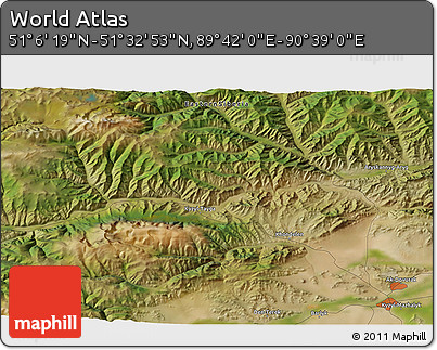 Satellite 3D Map of the Area around 51° 19' 36" N, 90° 10' 30" E