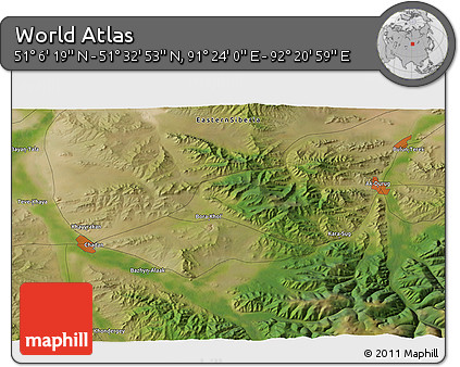 Satellite 3D Map of the Area around 51° 19' 36" N, 91° 52' 30" E