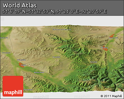 Satellite 3D Map of the Area around 51° 19' 36" N, 91° 52' 30" E