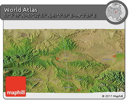 Satellite 3D Map of the Area around 51° 19' 36" N, 93° 34' 29" E