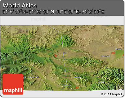 Satellite 3D Map of the Area around 51° 19' 36" N, 93° 34' 29" E