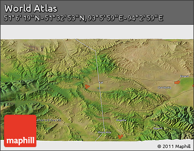 Satellite 3D Map of the Area around 51° 19' 36" N, 93° 34' 29" E