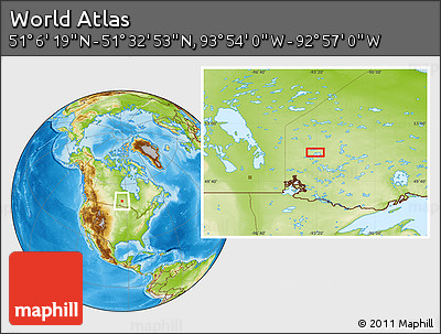 Physical Location Map of the Area around 51° 19' 36" N, 93° 25' 30" W