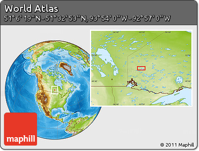 Physical Location Map of the Area around 51° 19' 36" N, 93° 25' 30" W