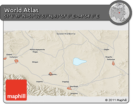 Shaded Relief 3D Map of the Area around 51° 19' 36" N, 94° 25' 30" E
