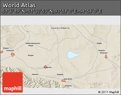 Shaded Relief 3D Map of the Area around 51° 19' 36" N, 94° 25' 30" E