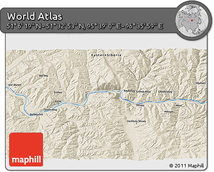 Shaded Relief 3D Map of the Area around 51° 19' 36" N, 96° 7' 30" E