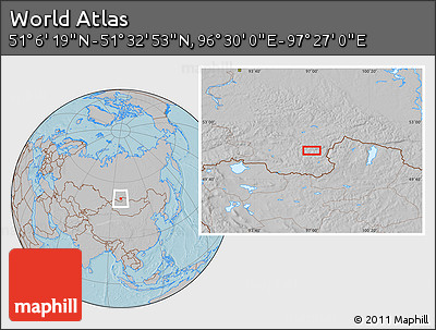 Gray Location Map of the Area around 51° 19' 36" N, 96° 58' 29" E, hill shading