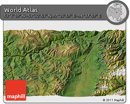 Satellite 3D Map of the Area around 51° 19' 36" N, 97° 49' 29" E