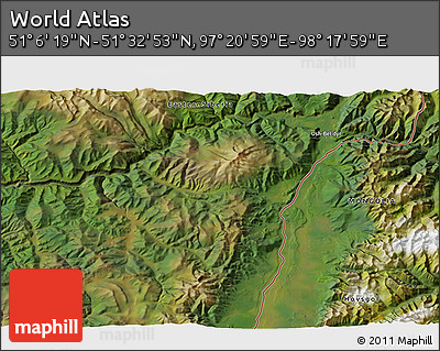 Satellite 3D Map of the Area around 51° 19' 36" N, 97° 49' 29" E