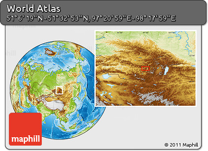 Physical Location Map of the Area around 51° 19' 36" N, 97° 49' 29" E