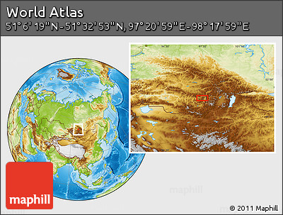 Physical Location Map of the Area around 51° 19' 36" N, 97° 49' 29" E