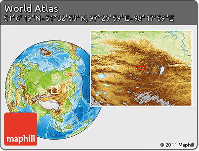 Physical Location Map of the Area around 51° 19' 36" N, 97° 49' 29" E