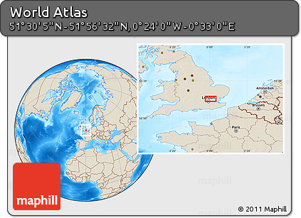 Shaded Relief Location Map of the Area around 51° 43' 18" N, 0° 4' 30" E